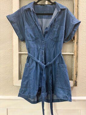 Shore Brand Denim Button-Front Romper with Tie Waist Small